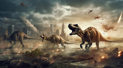 Poster - A scene from prehistory. Dinosaurs before extinction - Generative AI