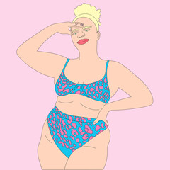 illustration a woman in a swimsuit afro black fat blonde happy smile squinting from the sun pink background white background sketch drawing black and white
