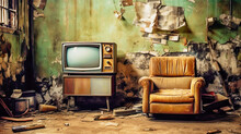Grunge Punk Vintage Interior From Circa 60s Of XX Century. Retro Old TV Receiver With Velvet Armchair On Dirty Interior Background. Vintage Style Photo