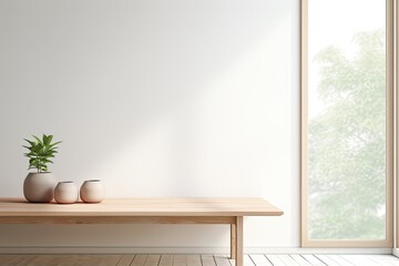 On an abstractly blurred, white interior background, there is an empty wooden table. It is a montage of a product display, situated inside a room with a window.