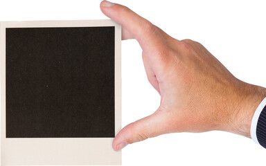 Poster - Digital png photo of man's hand holding black copy space on transparent background