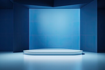 Poster - A blue background depicting an interior corner wall room with an abstract window. The scene is illuminated with light, resembling a stage setting. The room is empty, designed as a product studio