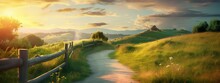 Art Beautiful Mountainous Rural Landscape, Mountainous Landscape Panorama With Dirt Road And Cloudy Sky At Sunset. Backlight Sunlight