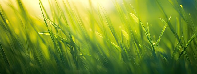 Wall Mural - Art green grass in a meadow at sunset. Macro image, shallow depth of field. Abstract summer nature texture background