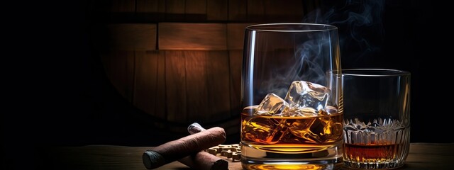 A whiskey glass, cigar and old oak barrel, luxurious mens club banner background with copy space