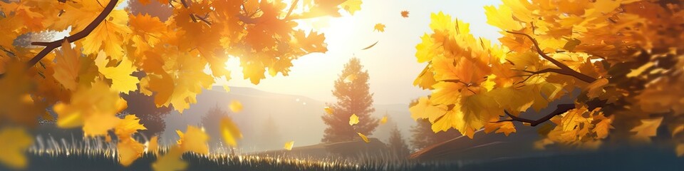 Beautiful autumn landscape with yellow autumn trees and sun. Colorful foliage in the forest. natural background