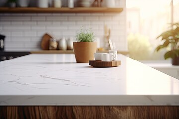 Sticker - A table top made of white marble texture is seen against a blurred background of a kitchen.