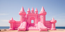 Big Inflatable Pink Bounce Castle On A Sandy Beach Against Blue Sky, Minimal Style Summer Wallpaper, Nobody. Sea Beach Vacation, Fun Activity For Kids.