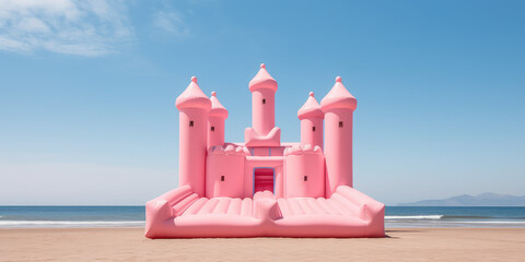 Wall Mural - Big Inflatable Pink bounce castle on a sandy beach against blue sky, minimal style summer wallpaper, nobody. Sea beach vacation, fun activity for kids.