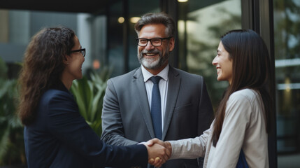 A group of businessmen and a businesswoman shake hands during meeting. Created with Generative AI technology.