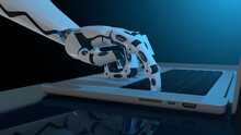 Close-up Of White Human Shaped Robot Hand Pressing A Key Of An Aluminum Laptop With Blue Light On Reflective Blue Desk. 3D Illustration