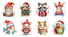 Generative AI, Cute Different Animal Pets In Christmas Hats And Ugly Sweaters, Watercolor Style.