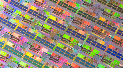 Wall Mural - silicon wafer with microchips reflecting different colors.