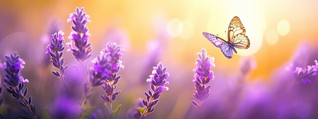 Wall Mural - Sunny summer nature background with fly butterfly and lavender flowers with sunlight and bokeh. Outdoor nature banner, Copy space