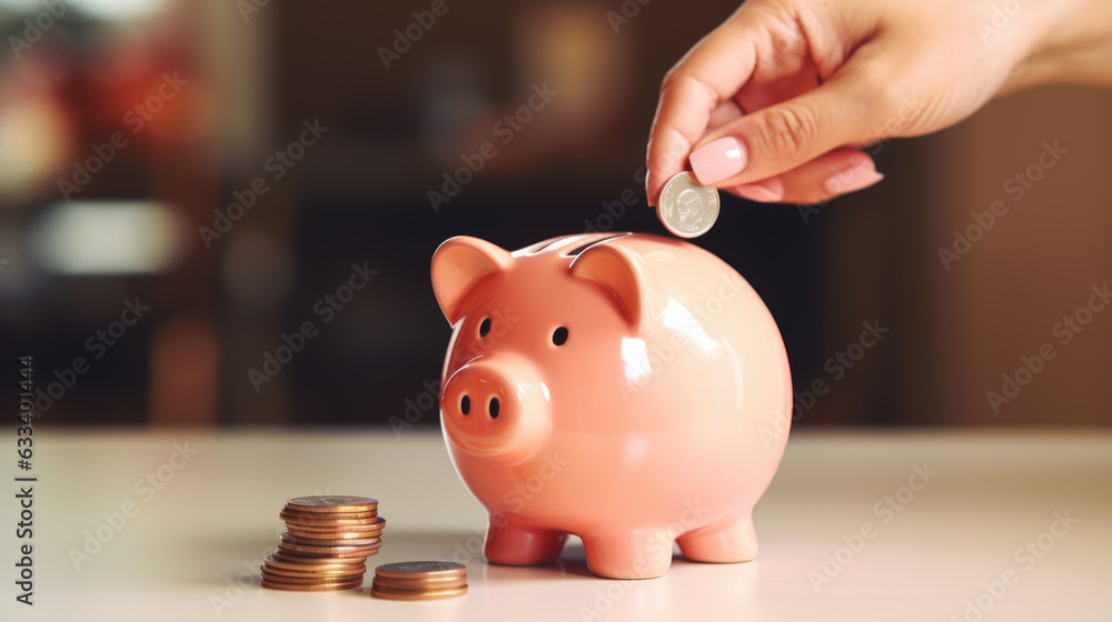 Hand putting a coin in the piggy bank, pile of coins on the table ...
