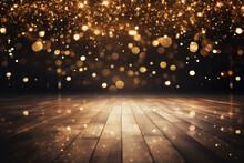 Gold Falling Sparkles On Black Background With Wood Floor Holiday New Year Generative AI