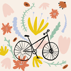 Simple vector illustration of bicycle amidst colorful flowers