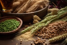 Close-up Of Brewing Ingredients: Malt, Hops, And Barley