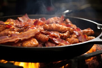 Poster - close-up of sizzling bacon in a frying pan