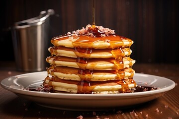 Poster - stack of freshly made pancakes with syrup drizzle