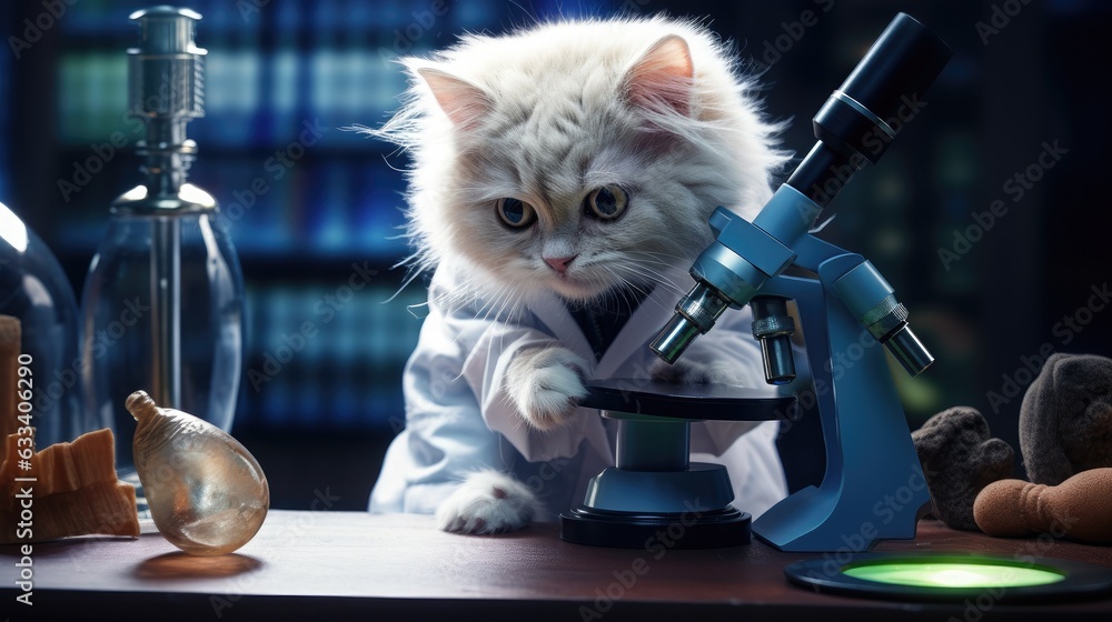 Science Kitten A kitten in a lab coat, acting as a scientist with a microscope Stock ...