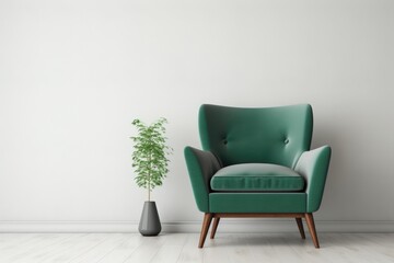 Sticker - A rendering showcases a green velvet armchair placed against a blank white interior background in a Mockup Of living room wall.