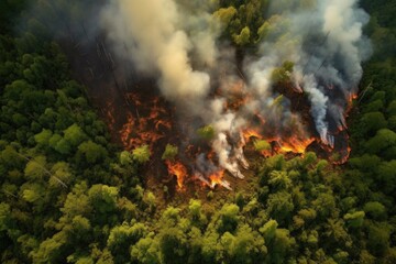 Canvas Print - aerial shot of fire dividing lush green forest