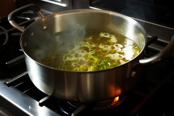 Poster - a pot of soup boiling and bubbling on a gas stove