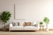 © The 2R Artificiality - A rendering of a blank white living room wall is presented with a mockup. It features a green velvet sofa, a pillow, a snake plant in a basket, and leaves displayed in a wooden vase. The illustration