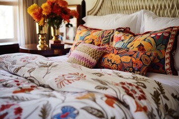 Wall Mural - freshly made bed with patterned linens and pillows