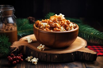 Wall Mural - homemade caramel popcorn in a rustic wooden bowl