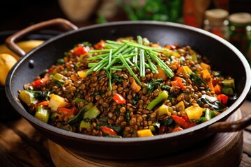 Poster - lentil and vegetable stir-fry in a wok