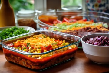 Poster - casserole dishes with layered ingredients ready to bake