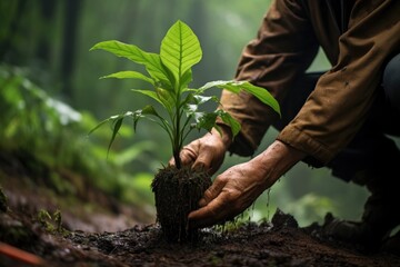 Sticker - hands planting a sapling in the rainforest