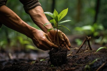 Canvas Print - hand planting a sapling in a rainforest restoration project