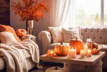 Cozy Living Room Interior With Autumn Decorations. Generative AI.
