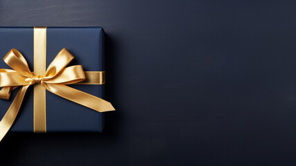 Wall Mural - gift and golden ribbon on dark blue background