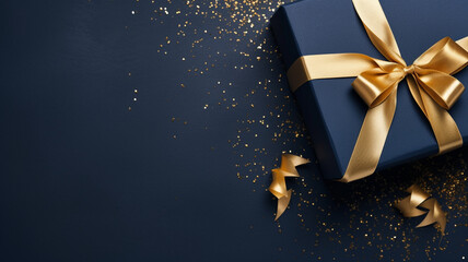 Wall Mural - gift and golden ribbon on dark blue background