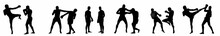 Silhouette  Set Of Mixed Martial Art Mma Fighter. Muay Thai, Wrestling, Jujitsu, Kick Boxing, Taekwondo And Boxing. Vector Illustration