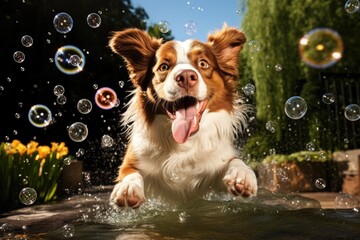 Canvas Print - sudsy dog playing with floating bubbles