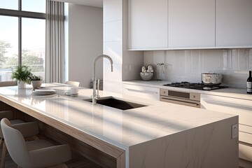 Canvas Print - A contemporary kitchen design featuring white walls, sleek countertops incorporating a sink and stovetop. Visualized in a rendering.