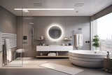 A modern interior design apartment may feature a bathroom ventilation fan.