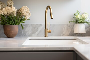 Poster - A closeup photograph of a kitchen sink showcasing gray cabinets, a countertop and backsplash made of white marble, and various decorative items.