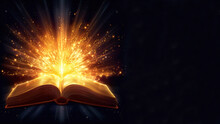 Holy Bible With Magic Glows In The Dark Background, Shining Holy Bible On Black Background, Copy Space For Text