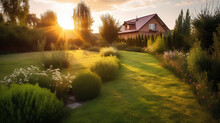 Beautiful Manicured Lawn And Flowerbed With Deciduous Shrubs On Private Plot And Track To House Against Backlit Bright Warm Sunset Evening Light On Background. Soft Focusing In Foreground