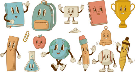 Back to school. Set of retro cartoon school supplies characters. Pen, pencil, backpack, baseball, book, backpack, geography mascot. Vintage stationery vector illustration. Nostalgia