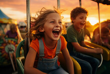 Small Town Community Fair, Children Laughing, Rides In Motion, Vibrant Colors, Sunset