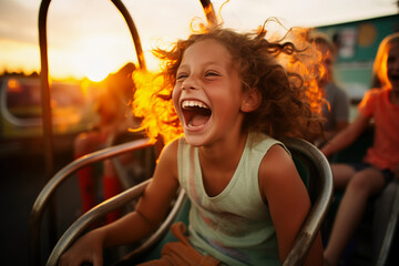 Wall Mural - Small town community fair, children laughing, rides in motion, vibrant colors, sunset