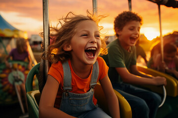 Wall Mural - Small town community fair, children laughing, rides in motion, vibrant colors, sunset