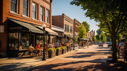 Wall Mural - Small town main street, historic buildings, charming storefronts, brick pavements, people casually strolling, sunny day